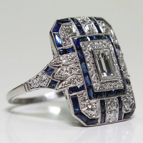 Jewelry - NEW Silver Blue Sapphire Diamond Art Deco Ring